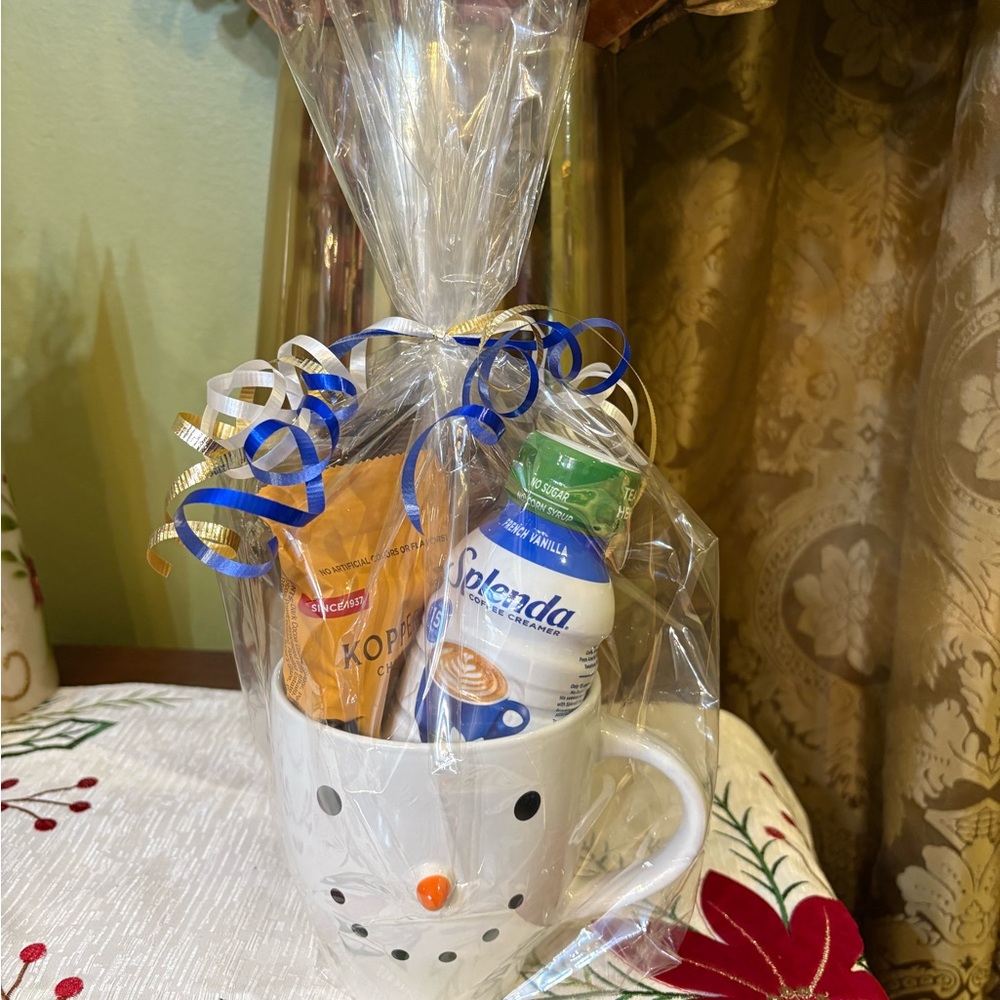 Snowman Mug Gift Set with Coffee, Creamer and chocolate covered espresso beans.